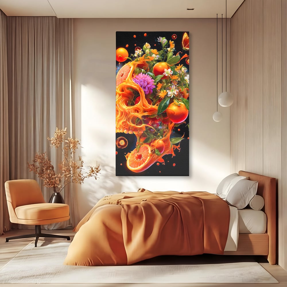 Tablou canvas cu tablou canvas cu craniu din portocale, fara rama, pe sasiu de lemn, pe perete intr-un dormitor